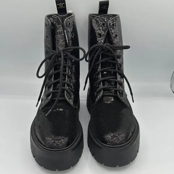 New Celine BULKY Sequined Strap-Up Combat Boot Size 39 US Size 9 - Picture 2 of 12